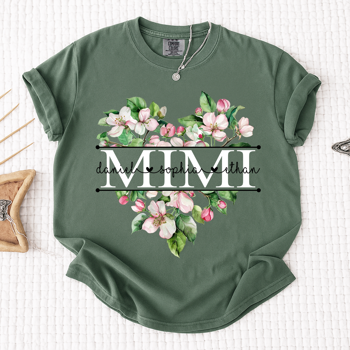 Comfort Personalized Mimi Flower Heart Shirt, Custom Names Family Gift T Shirt