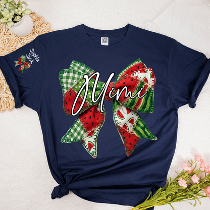 Mimi Watermelon Bow T-Shirt Personalized Grandma Shirt Summer Family Names Tee