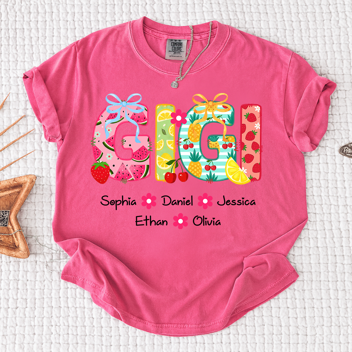 Comfort Colors Personalized Gigi Summer Shirt, Custom Grandma T Shirt with Grandkids Names, Fruit Pattern Family Tee for Gigi Nana Mimi