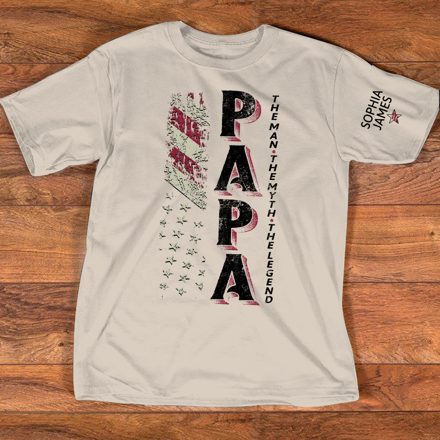 Personalized PAPA The Man, The Myth, The Legend T Shirt, Custom Family Names with American Flag Design, Perfect Gift for Father’s Day