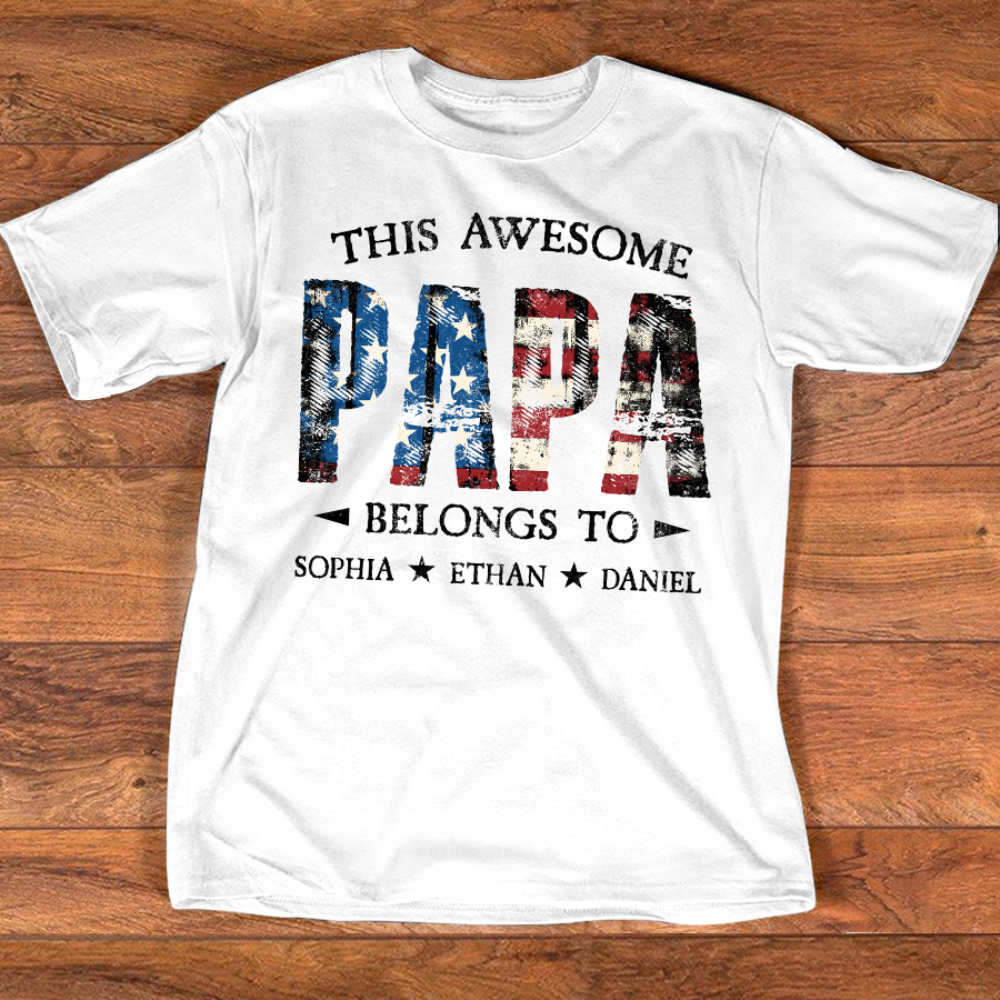 Custom This Awesome PAPA T Shirt, Personalized with Kids Names, Unique American Flag Design for Father's Day