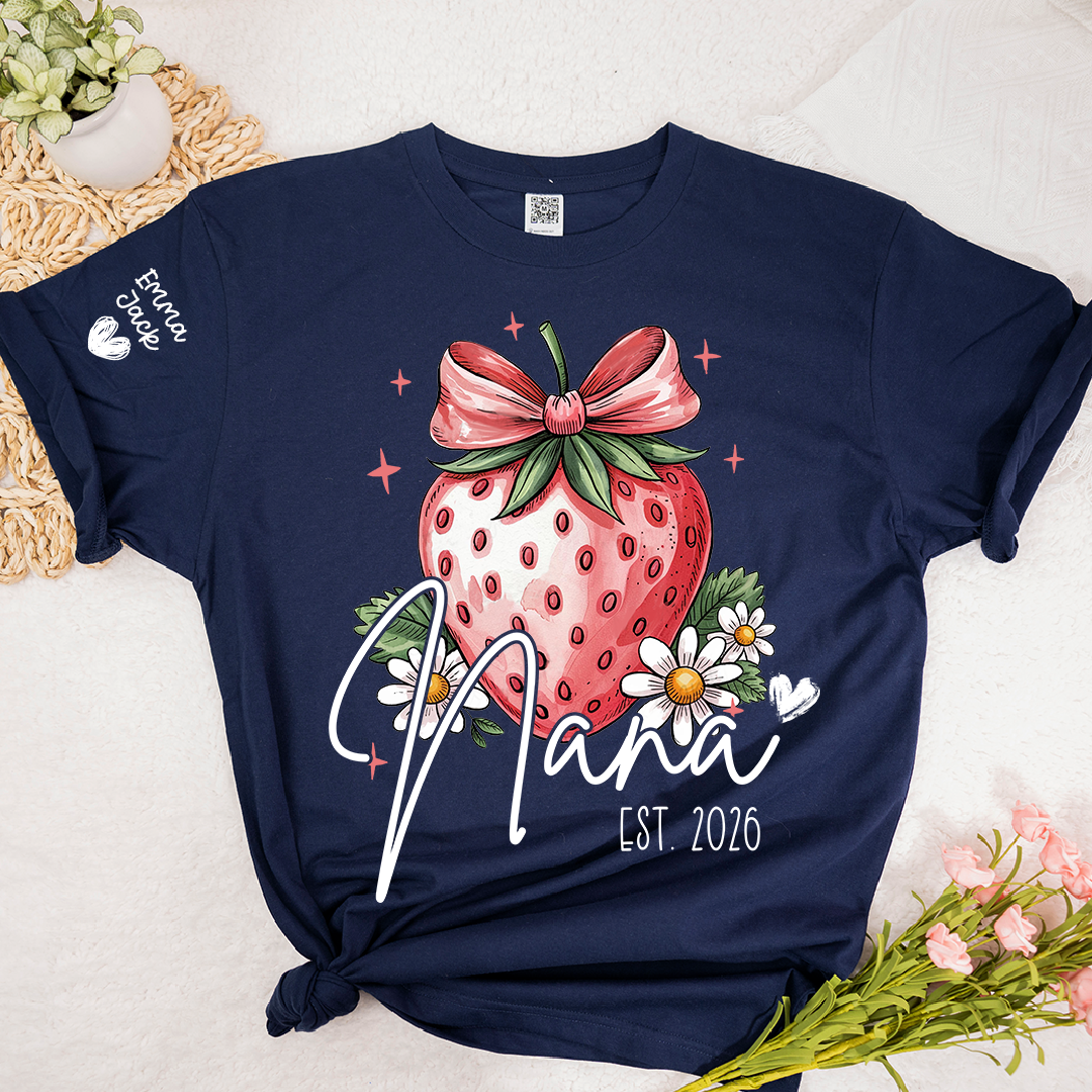 Mimi Strawberry Shirt, Cute Bow Floral Graphic Tee, Personalized Grandma T Shirt, Gift for Mimi from Family