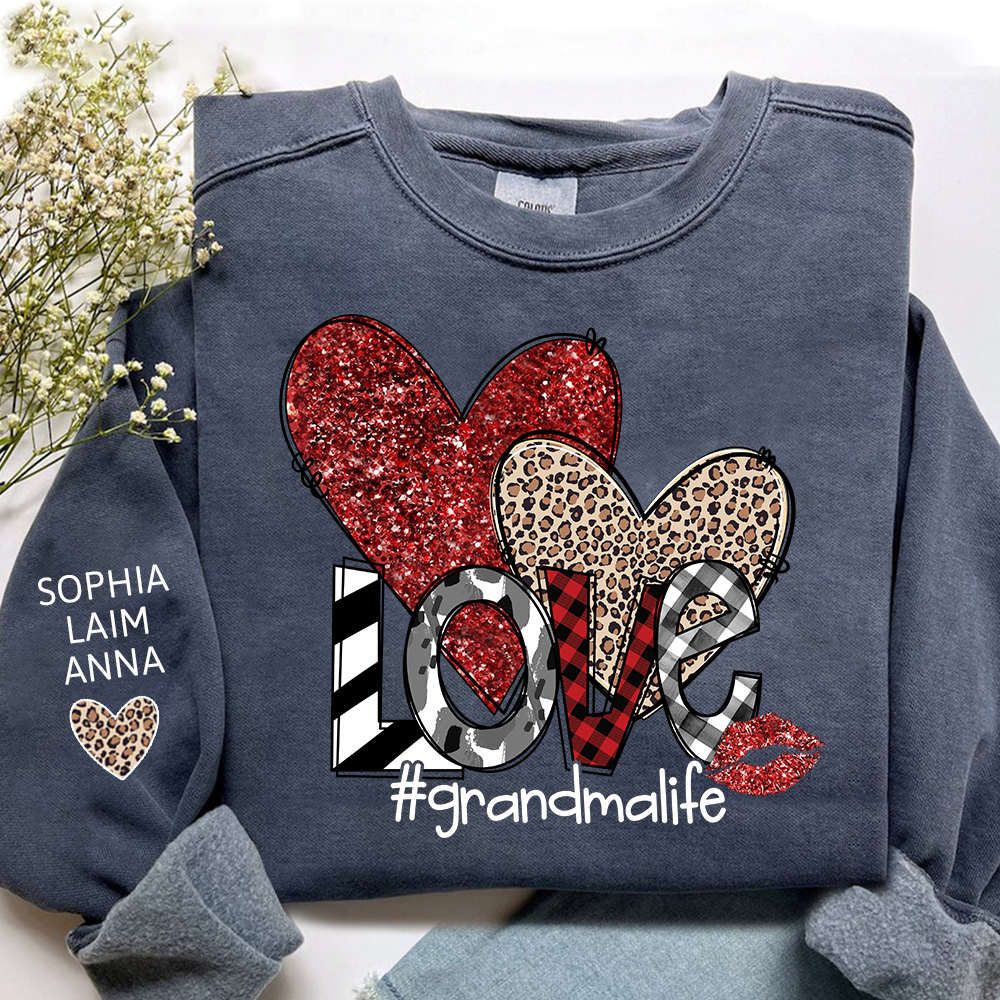 Custom Grandma Life Love Sweatshirt, Leopard & Glitter Heart Design For Grandma And Kids