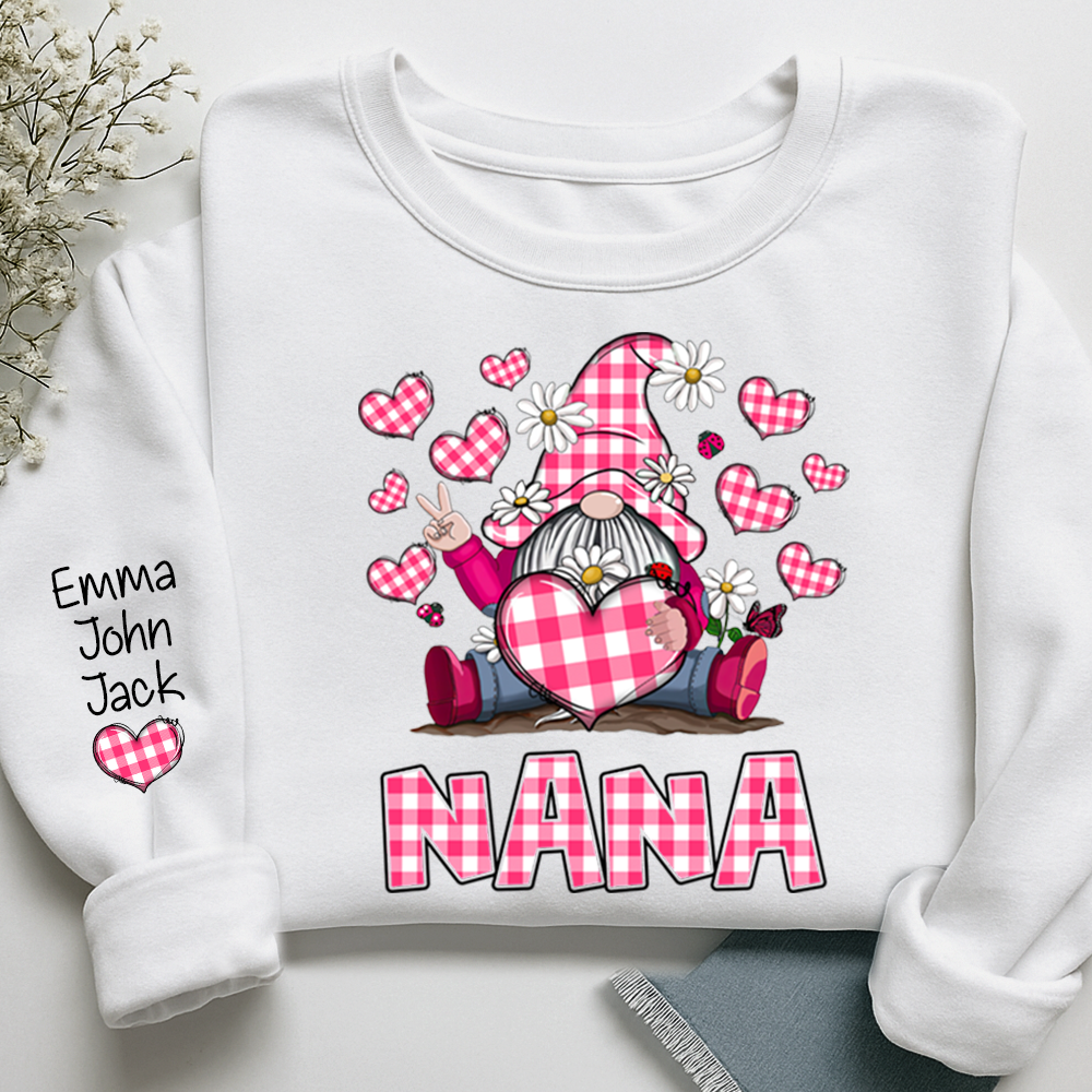 Pink Checkered Valentine's Day sweatshirt For Nana, Cute Gnome Dwarf Heart Design, Family love, Gift for Grandma