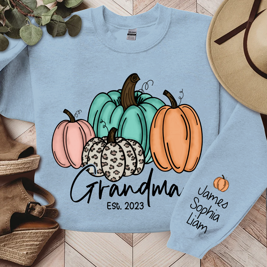 Grandma Est Fall Pumpkin Sweatshirt, Custom Grandma Est And Kids Autumn, Grandma Gift TH