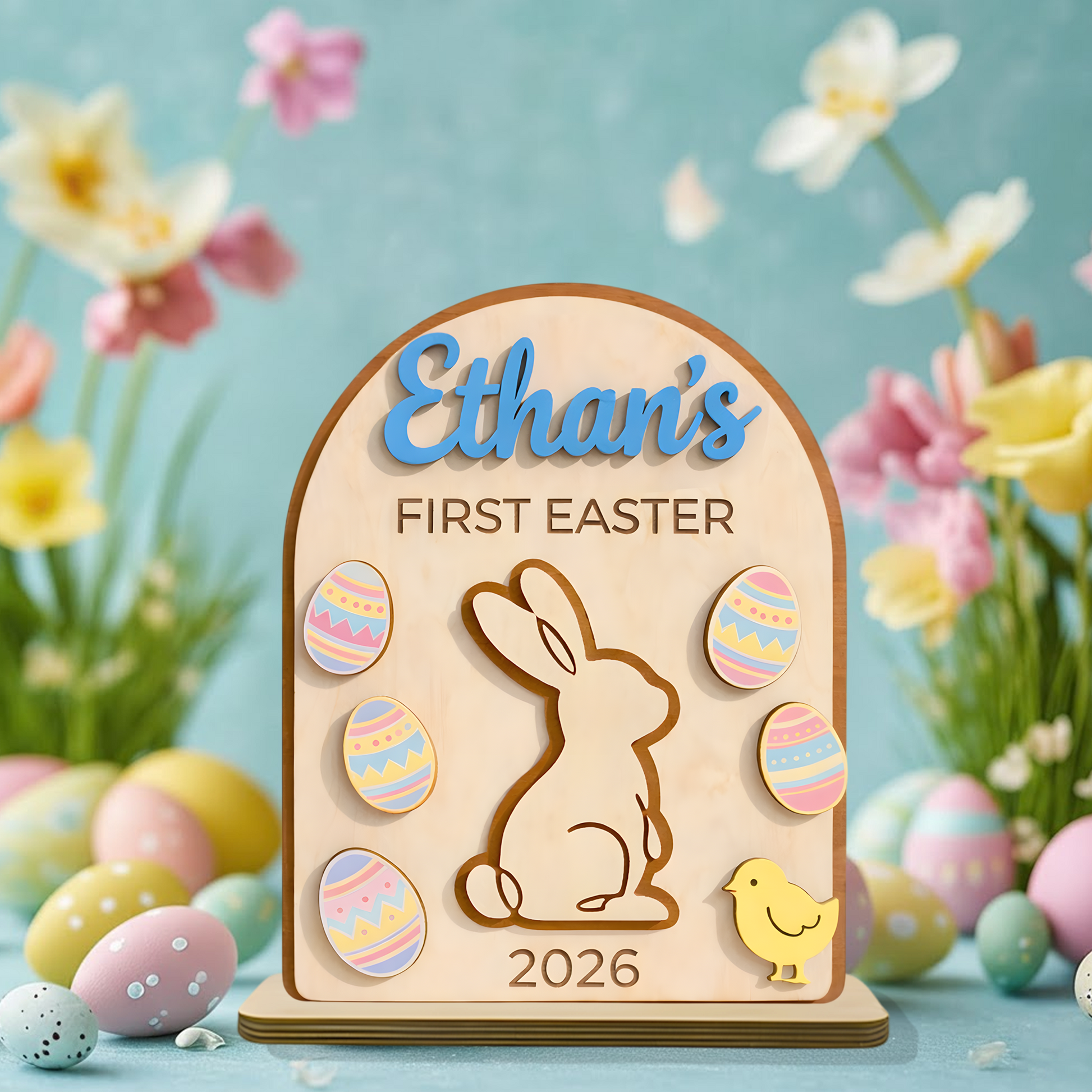 Personalized First Easter Wooden Plaque - Custom Name and Date for Baby Boy or Girl, Cute Bunny and Egg Design