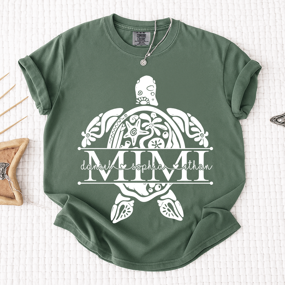 Personalized Mimi Sea Turtle Shirt with Grandkids Names, Coastal Grandma Tee, Custom Turtle Beach T Shirt, Gift for Mimi from Grandchildren
