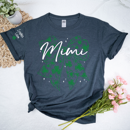 Mimi Clover Shirt Personalized with Grandkids Names, St Patrick’s Day Grandma Gift, Shamrock Bow Family T-Shirt