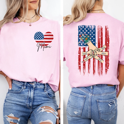 Custom Mimi T Shirt with USA Flag Heart, Personalized Grandma Shirt with Family Names on Back