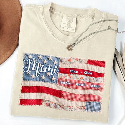 Comfort Colors Personalized Mimi Shirt with Family Names, Custom American Flag Design, Ideal Gift for Grandmother