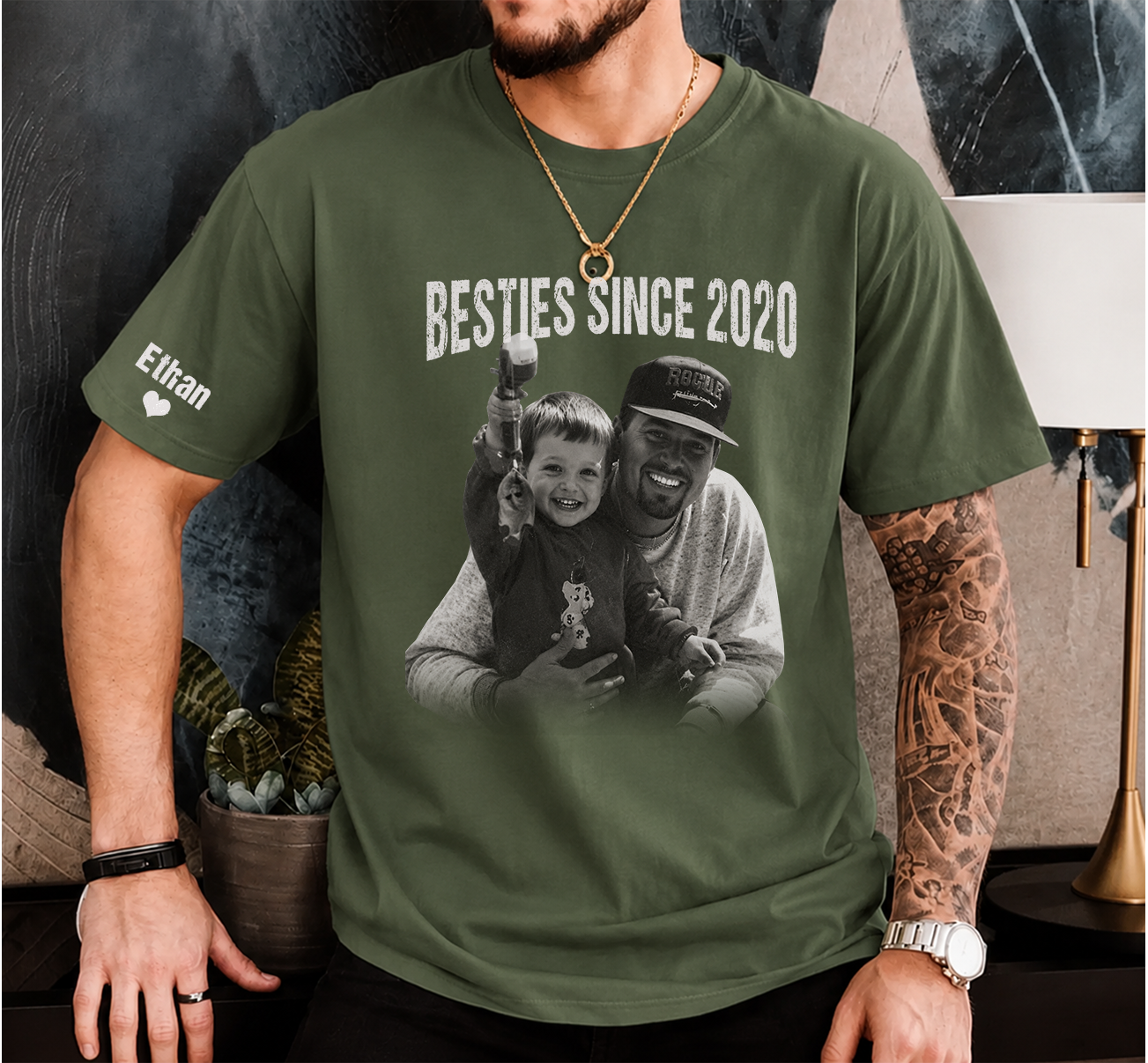 Personalized Besties Since Shirt with Custom Photo and Name on Sleeve Gift for Father’s Day