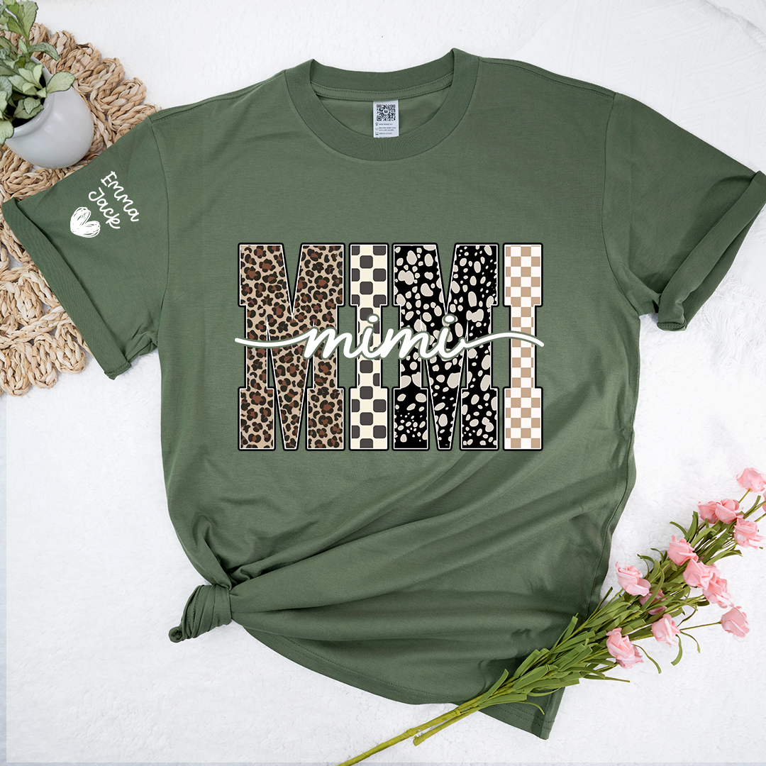 Personalized Mimi Shirt with Grandkids Names, Leopard and Checkered Pattern Family Tee