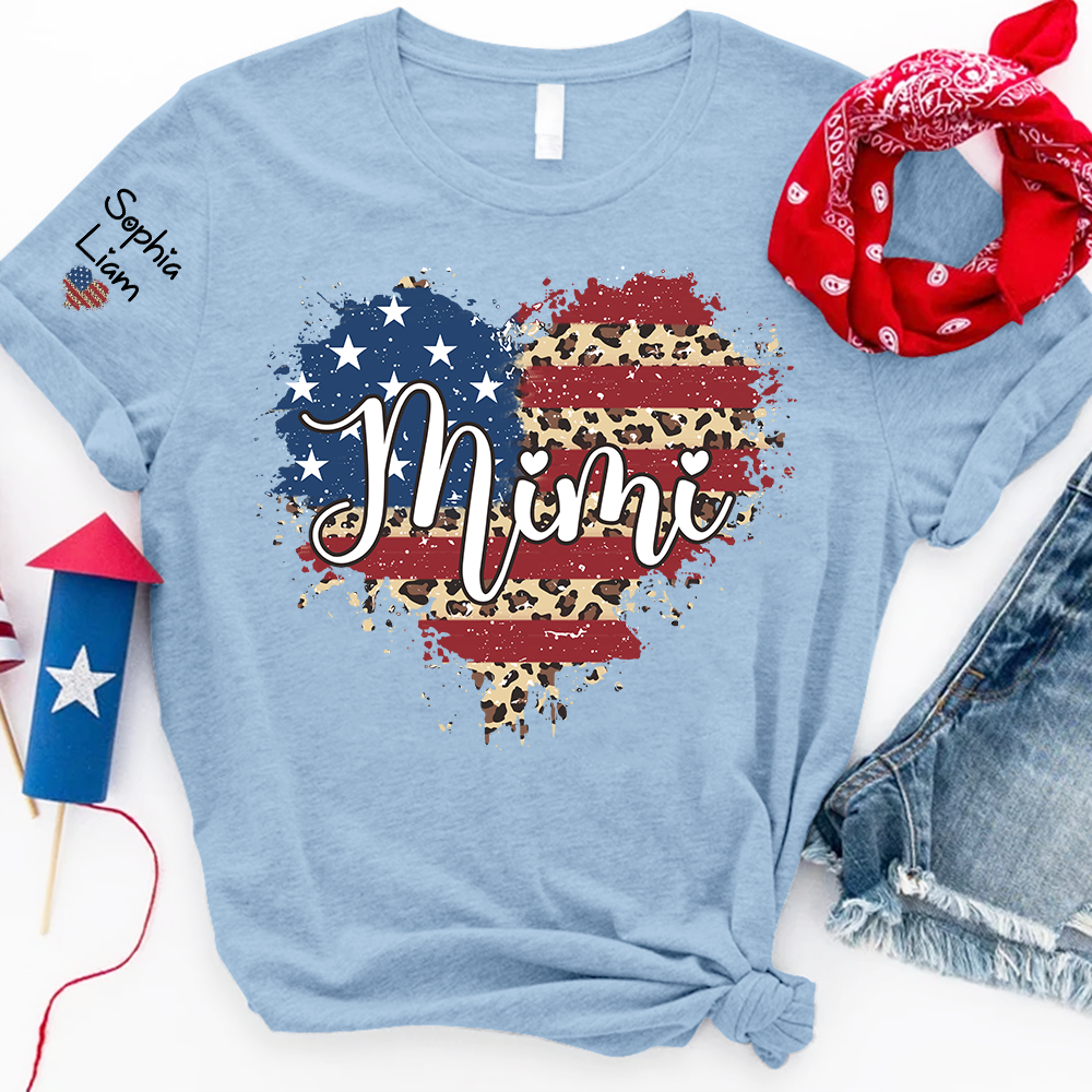 Personalized Mimi Shirt with Kids Names American Flag Heart Leopard Print Custom Grandma Mimi Tee Patriotic Family Shirt for Women