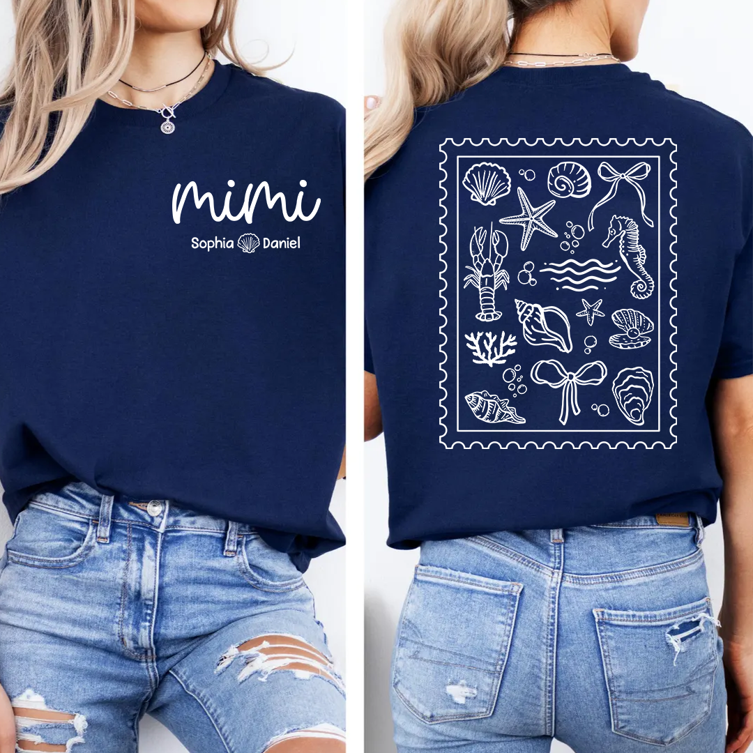 Custom Mimi Shirt with Grandchildren Names, Coastal Seashell Stamp Design Back Print Tee, Beach Lover Gift for Women