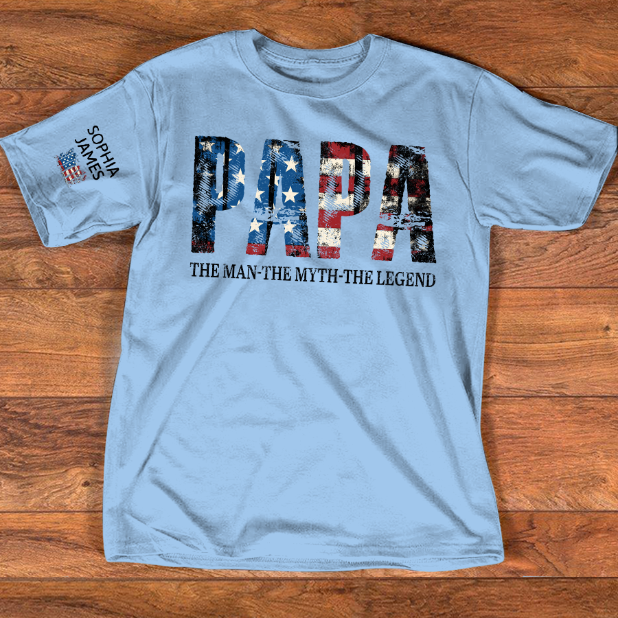 Papa The Man The Myth The Legend Tee, Custom Papa Shirt with Kids Names, USA Flag Design, Meaningful Gift for Father Grandpa