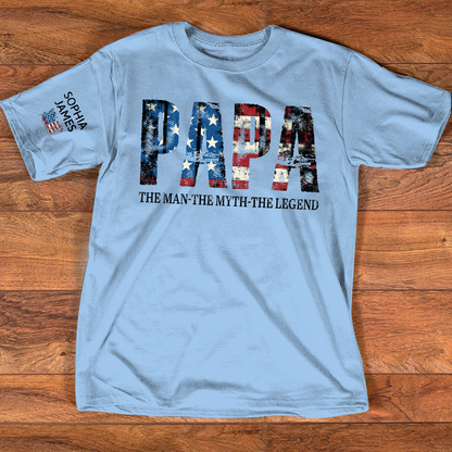Papa The Man The Myth The Legend Tee, Custom Papa Shirt with Kids Names, USA Flag Design, Meaningful Gift for Father Grandpa