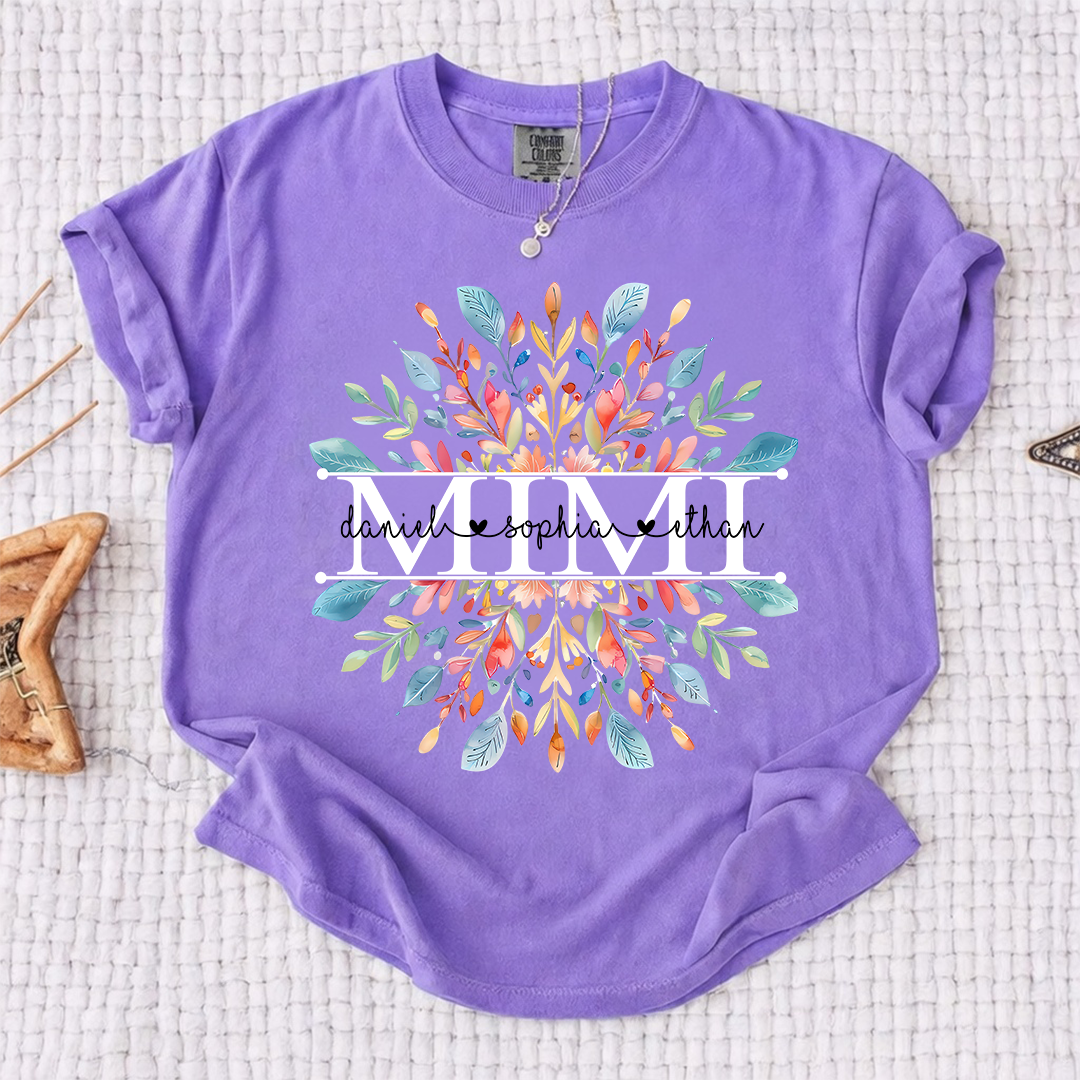 Comfort Colors Personalized Mimi Shirt with Floral Design – Custom Family Name Shirt for Grandma