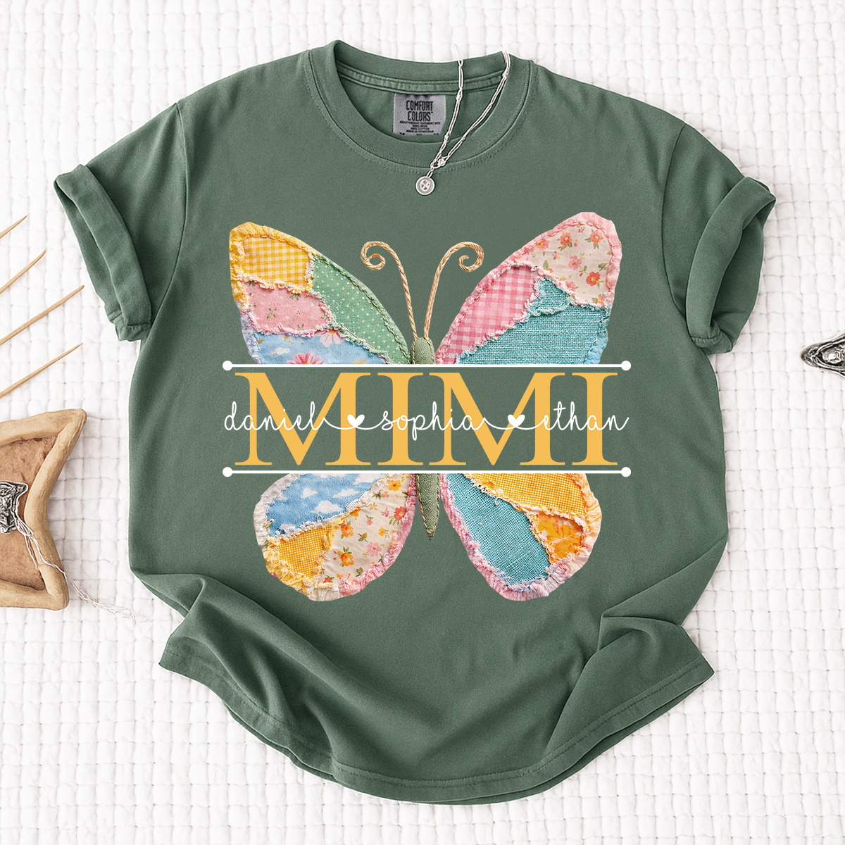 Comfort Personalized Mimi Shirt with Grandkids Names, Butterfly Patchwork Design Family Tee
