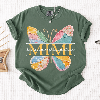 Comfort Personalized Mimi Shirt with Grandkids Names, Butterfly Patchwork Design Family Tee