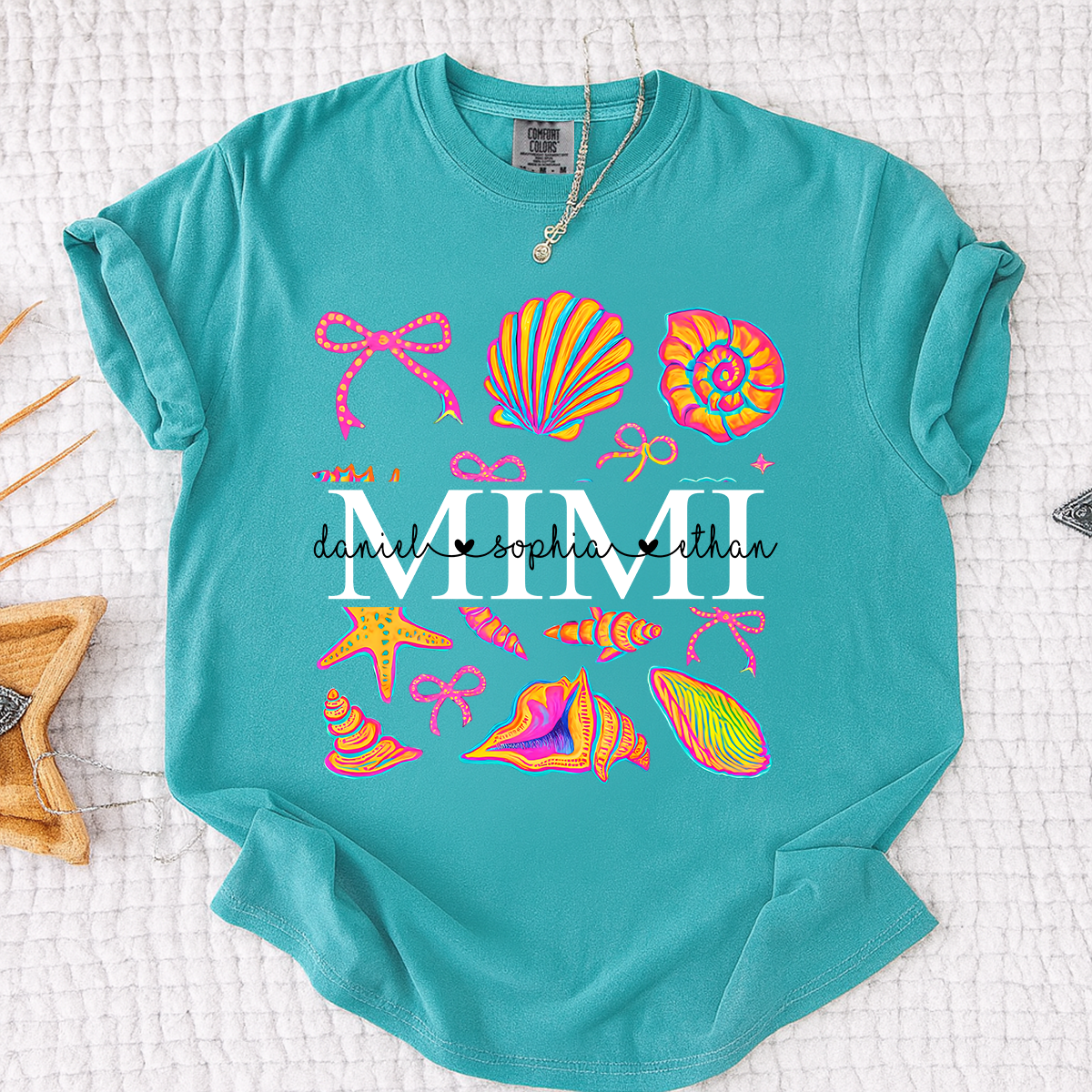 Comfort Colors Personalized Mimi Shirt with Names, Vibrant Seashell Beach Design Tee, Summer Family Gathering Outfit for Women