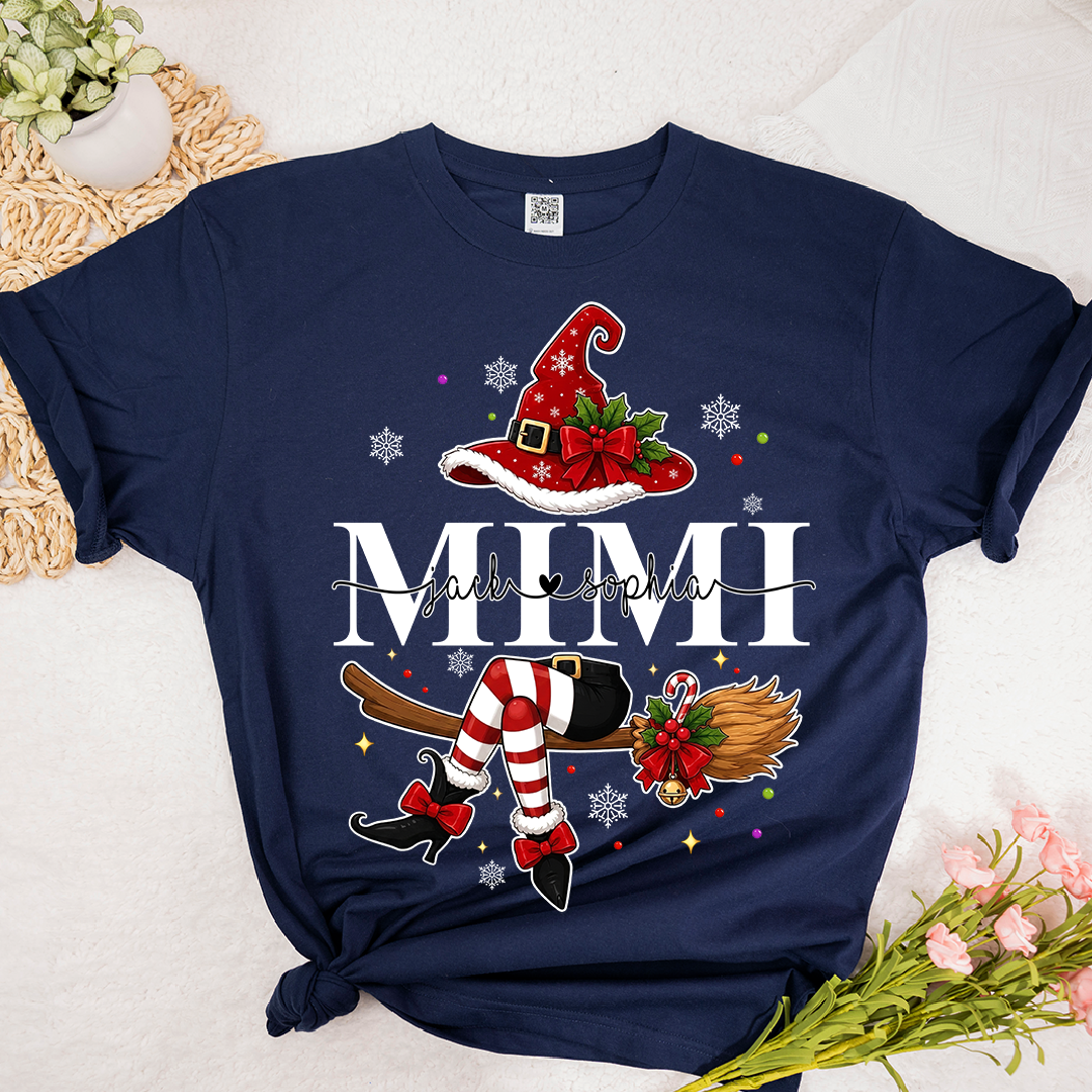 Funny Mimi Holiday Shirt, Christmas Santa Witch Legs Graphic Tee, Personalized Grandma T Shirt, Cute Winter Gift for Women