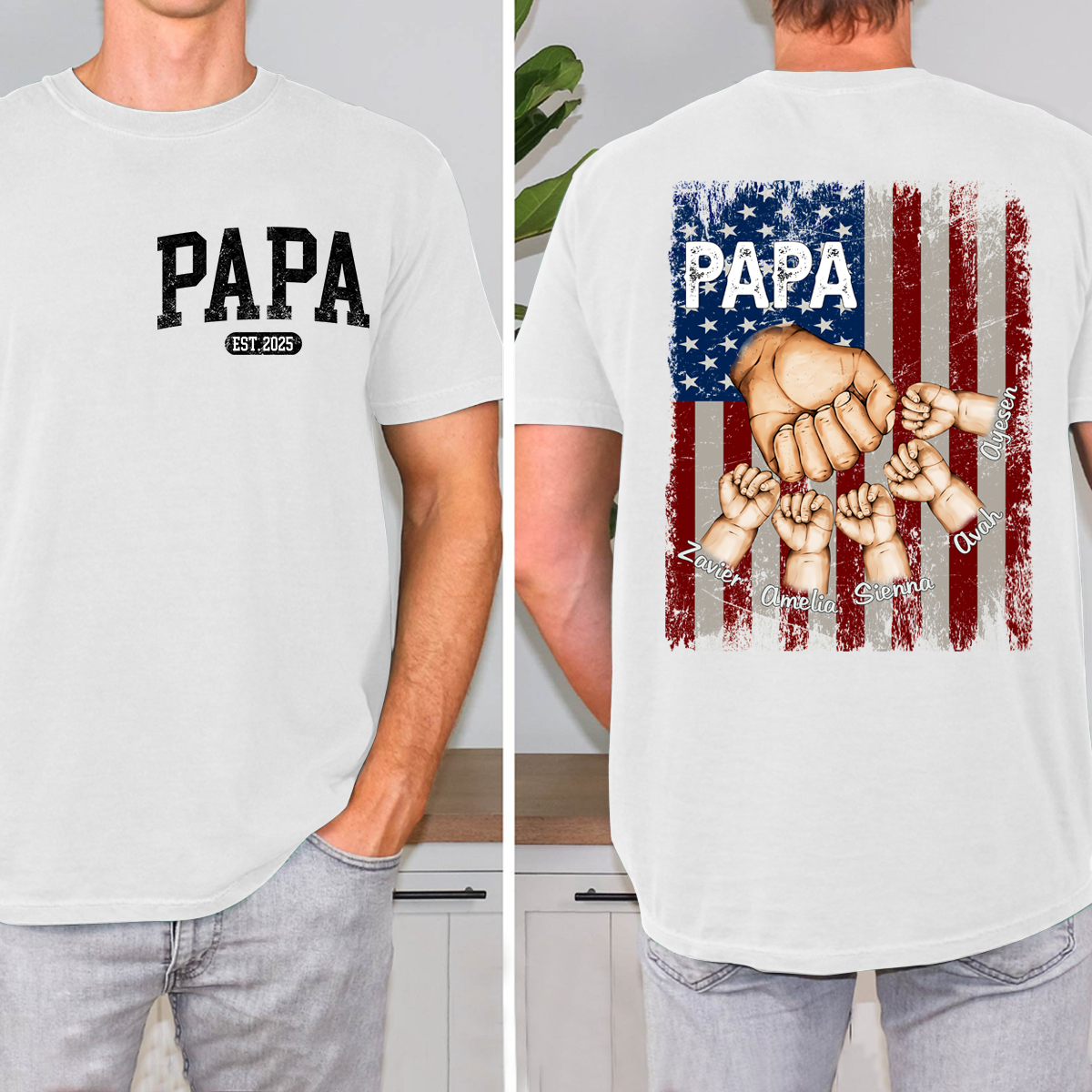 Personalized Papa Fist Bump Grandchild Names Shirt, Customized Fathers Day Grandkids Hands Name T-Shirt