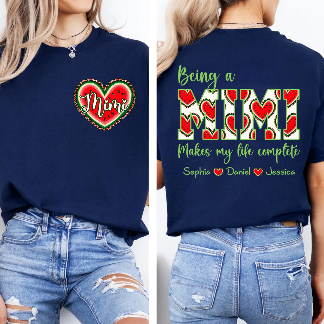Personalized Mimi Watermelon Heart Shirt, Custom Grandma Comfort Colors Tee with Grandkids Names, Being a Mimi Makes My Life Complete