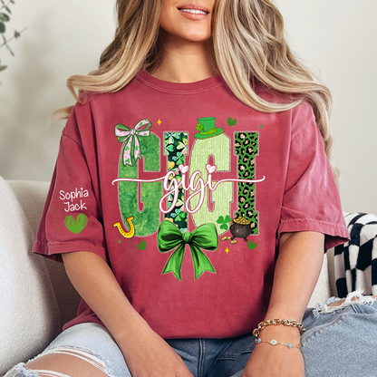 Gigi St Patrick’s Day Shirt, Green Shamrock Bow Family T Shirt, For Gift Gigi And Kids
