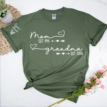Personalized Mom and Grandma Shirt, Custom EST Year T-Shirt with Heart and Arrow Design for Mom and Grandma