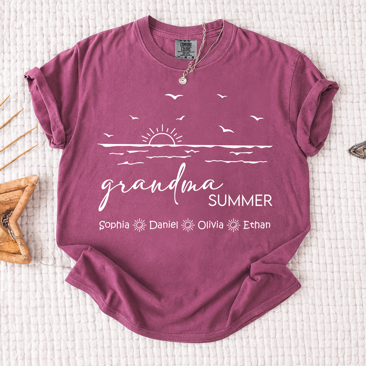 Comfort Colors Custom Name Grandma Shirt, Summer Beach Vacation Tee with Grandkids Names, Ocean Inspired Apparel for Grandma