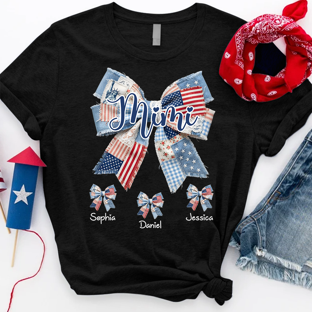 Custom Mimi Tee with Children’s Names, Patriotic Patchwork Bow Shirt, Perfect Gift for Grandma Holidays or Birthday