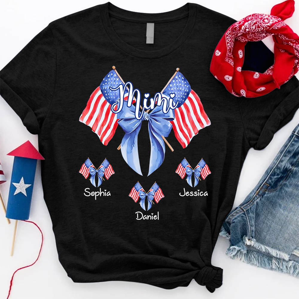 Personalized Mimi Patriotic Shirt with Kids Names, Custom Grandma American Flag Bow T Shirt for 4th of July Family Gift