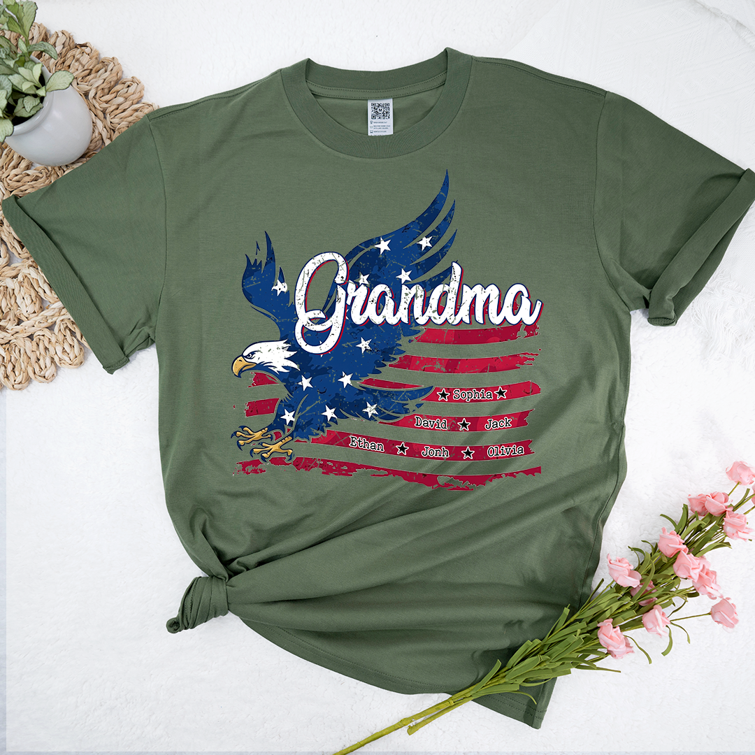 Custom NameEagle T Shirt, Personalized Grandkids Names American Flag Eagle Shirt 4th of July Gift for Grandma