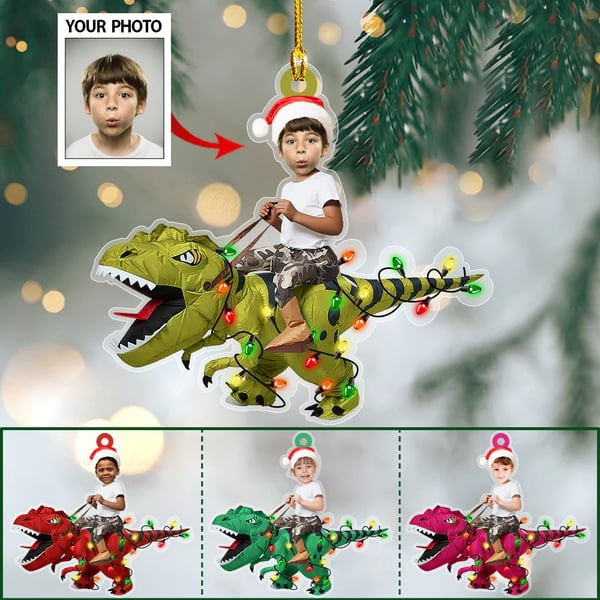 Personalized Cute Kid Rides The Dinosaurus Christmas Light Ornament Ornament
