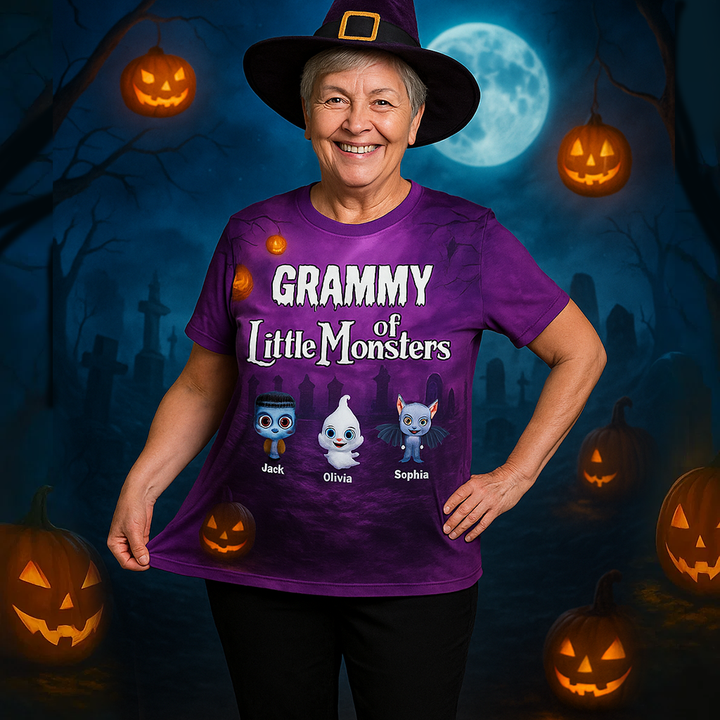 Personalized Grandma Of Little Monsters Halloween 3D Shirt – Custom Grandkids Names & Cute Characters Tee Gift 3D T-Shirt