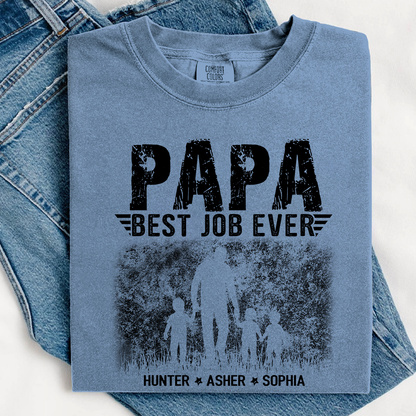 Papa Best Job Ever Shirt - Comfort Colors Custom Kids Names Tee - Father's Day Gift for Grandpa
