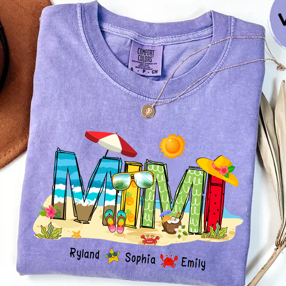 Custom Beach Mimi Shirt – Personalized Grandma T-Shirt with Grandkids Names