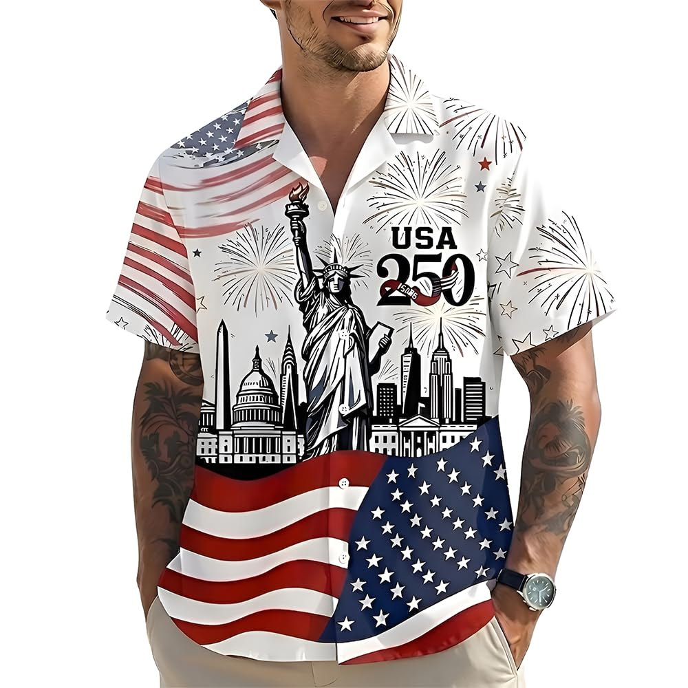 USA 250th Anniversary Hawaiian Shirt, Patriotic Eagle & Statue of Liberty 250 Years of Freedom Gift for Men