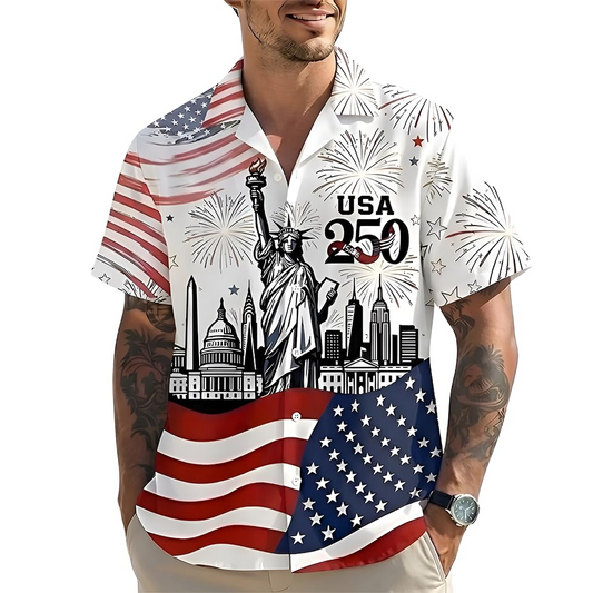 USA 250th Anniversary Hawaiian Shirt, Patriotic Eagle & Statue of Liberty 250 Years of Freedom Gift for Men