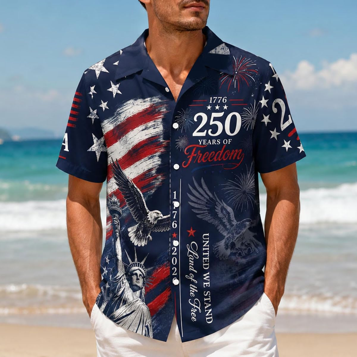 Patriotic Hawaiian Shirts for Men USA 250 Anniversary 1776-2026 Fourth of July Shirt Button Up Eagle Independence Day