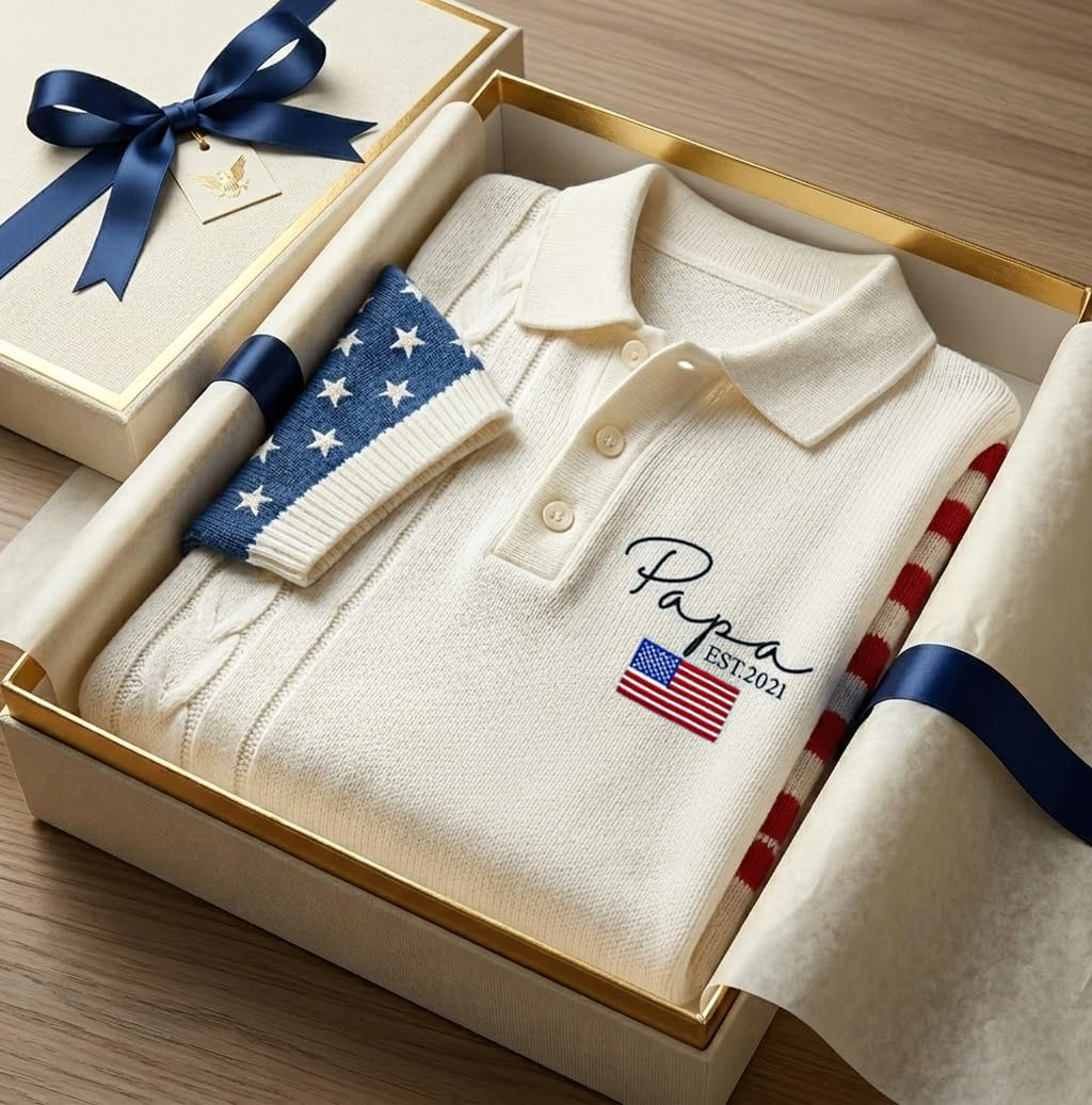 Personalized American Flag Embroidered Knit Polo, Custom Name Sweater Shirt, Patriotic USA Apparel For Men