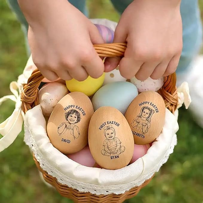 Custom Photo Portrait Sketch Egg, Personalized Musical Wooden Easter Egg Shaker, Engraving Eggs Shaker Gift for Easters, Birthdays, First Easter Gifts, Easters Table Decoration for Family