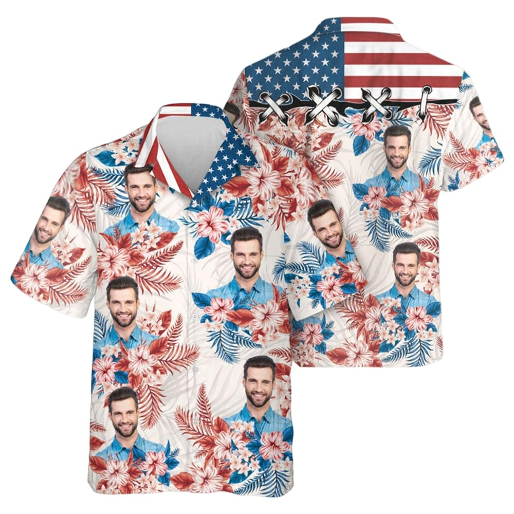 Personalized Hawaiian Shirt with Faces, Short Sleeve Tropical Floral Button, Down Beach Shirt for Men