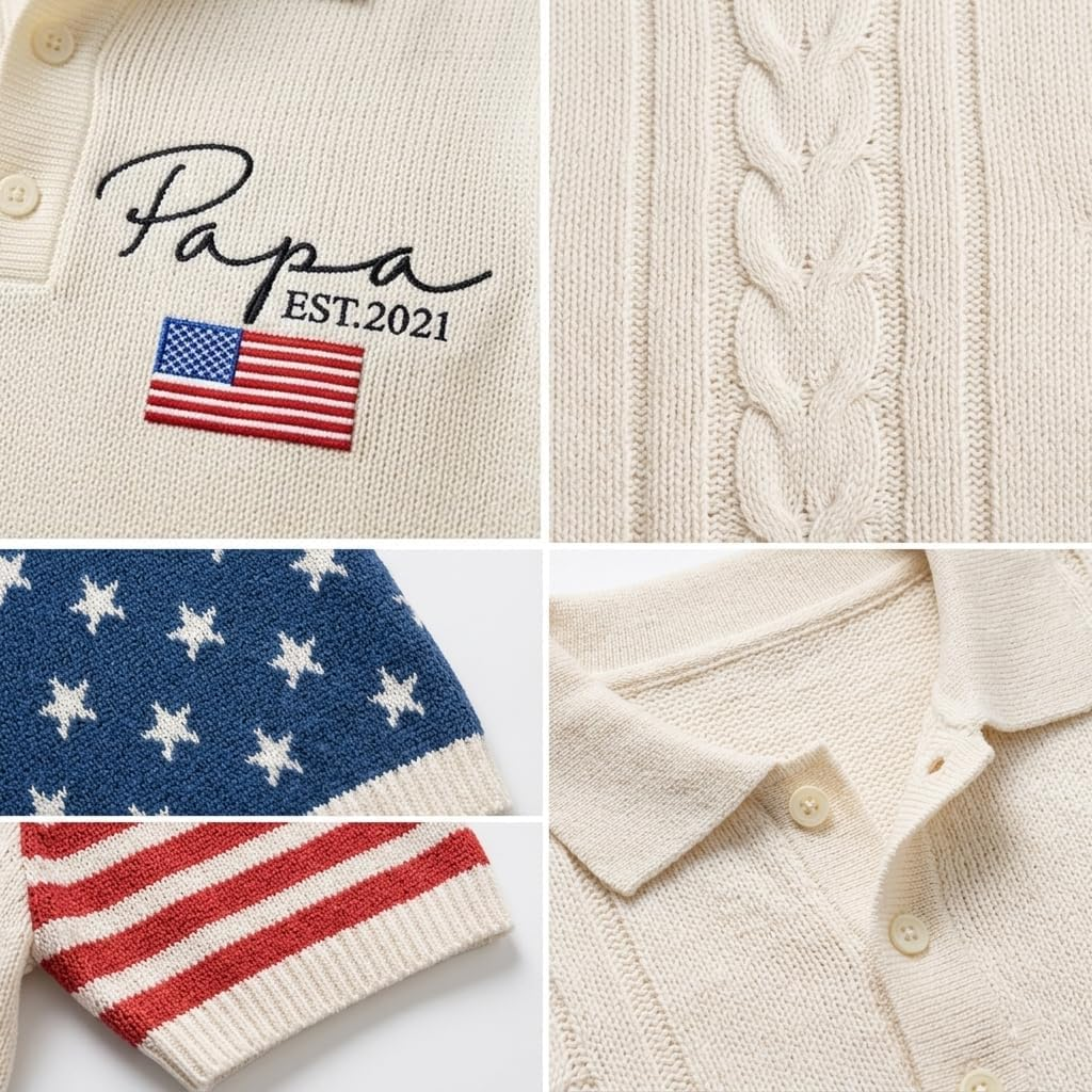 Personalized American Flag Embroidered Knit Polo, Custom Name Sweater Shirt, Patriotic USA Apparel For Men