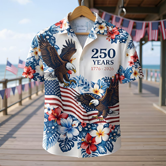 USA 250th Anniversary Hawaiian Shirt, Patriotic Eagle & Statue of Liberty 250 Years of Freedom Gift for Men V4