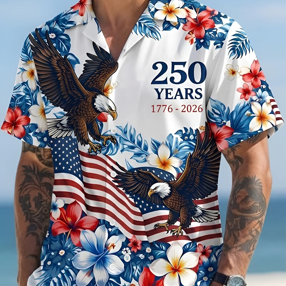 USA 250th Anniversary Hawaiian Shirt, Patriotic Eagle & Statue of Liberty 250 Years of Freedom Gift for Men V4