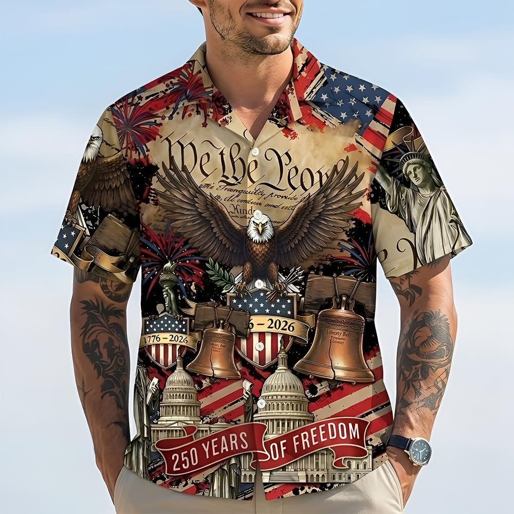 USA 250th Anniversary Hawaiian Shirt, Patriotic Eagle & Statue of Liberty 250 Years of Freedom Gift for Men V5