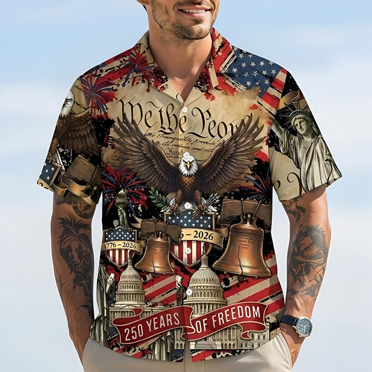 USA 250th Anniversary Hawaiian Shirt, Patriotic Eagle & Statue of Liberty 250 Years of Freedom Gift for Men V5