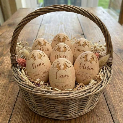 Personalized Engraved Name & Initial Bunnies Wooden Easter Egg, Basket Stuffer, Farmhouse Spring Tabletop Decor, Easter Gift for Kids