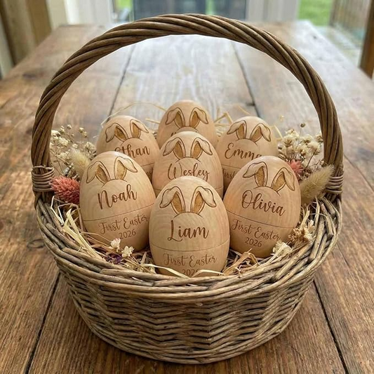 Personalized Engraved Name & Initial Bunnies Wooden Easter Egg, Basket Stuffer, Farmhouse Spring Tabletop Decor, Easter Gift for Kids